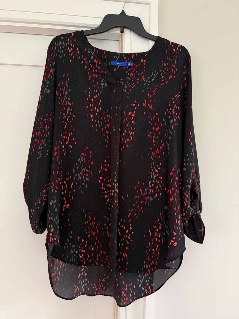 Apt. 9 Black Blouse with Red & Gray Dash Print